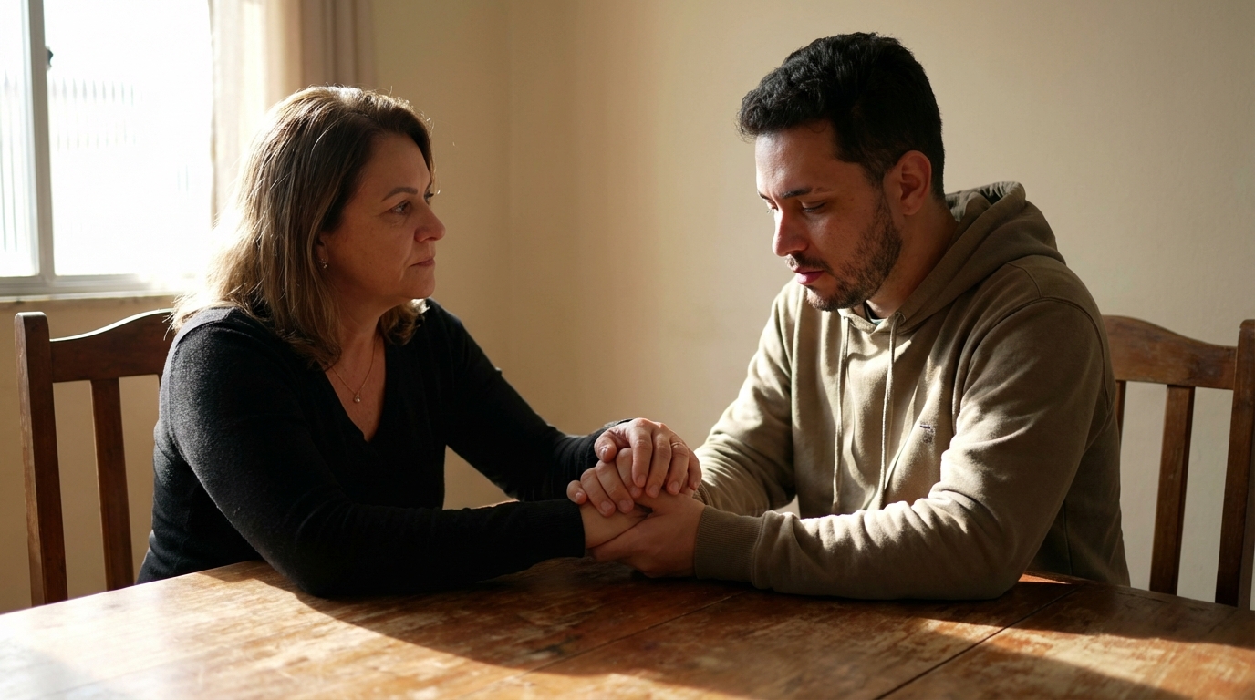 Mãe brasileira segurando a mão do filho adulto em um ambiente doméstico iluminado, transmitindo segurança, força e acolhimento familiar durante o processo