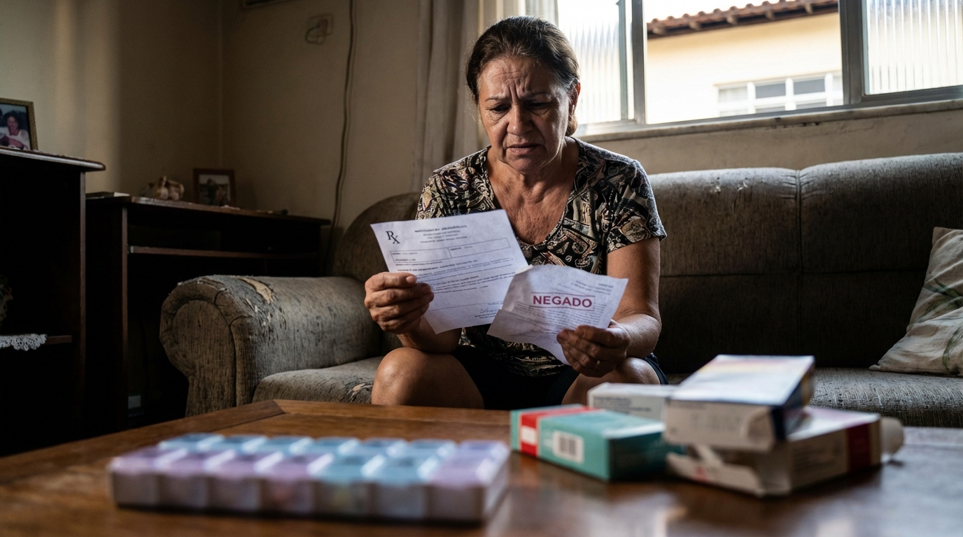 Mãe brasileira angustiada segurando receita médica do filho na sala de estar após Invega Sustenna negativa plano de saúde