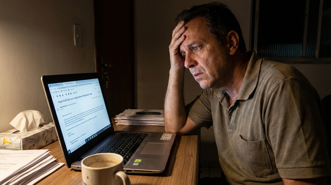 Paciente brasileiro com olhar preocupado analisando e-mail de recusa no computador buscando entender a negativa de medicamento