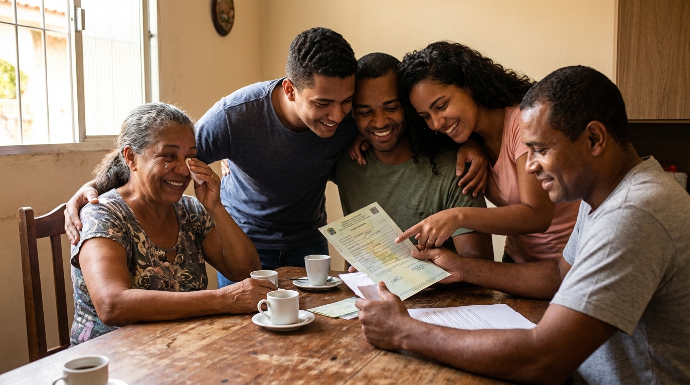 Família brasileira aliviada conversando na mesa de jantar sobre liminar para paliperidona após vitória na justiça