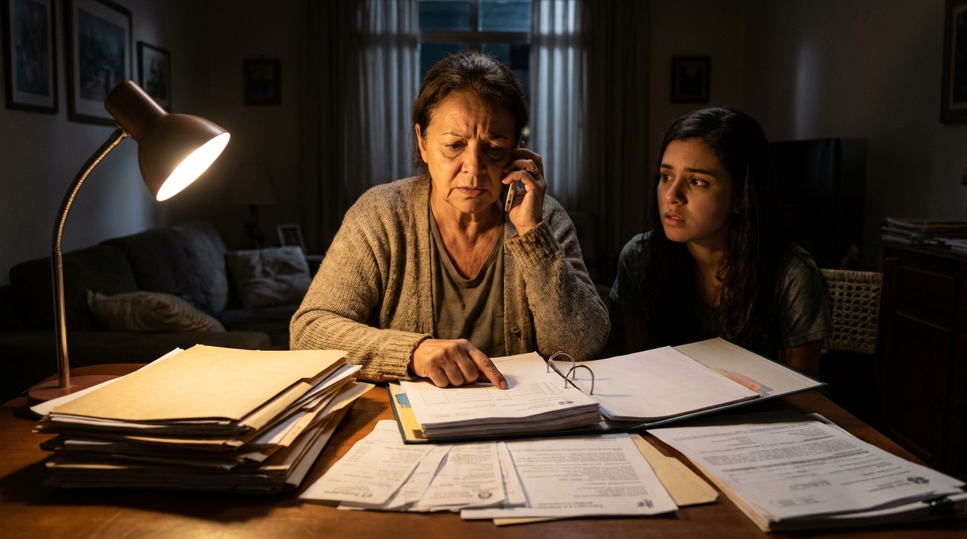 Mulher brasileira organizando pastas de documentos médicos e laudos na mesa de casa para processo de medicamento de alto custo plano de saúde