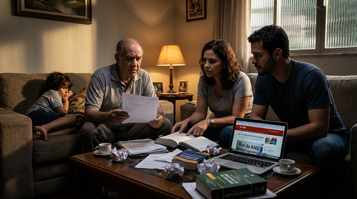Família brasileira estudando direitos do consumidor na sala de estar após rol da ANS negativa de medicamento