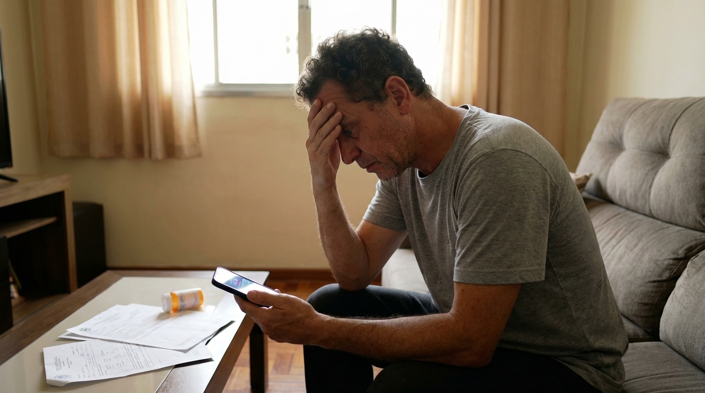 Paciente brasileiro aflito com a mão na cabeça olhando para o celular após plano de saúde negou medicamento ciclosporina