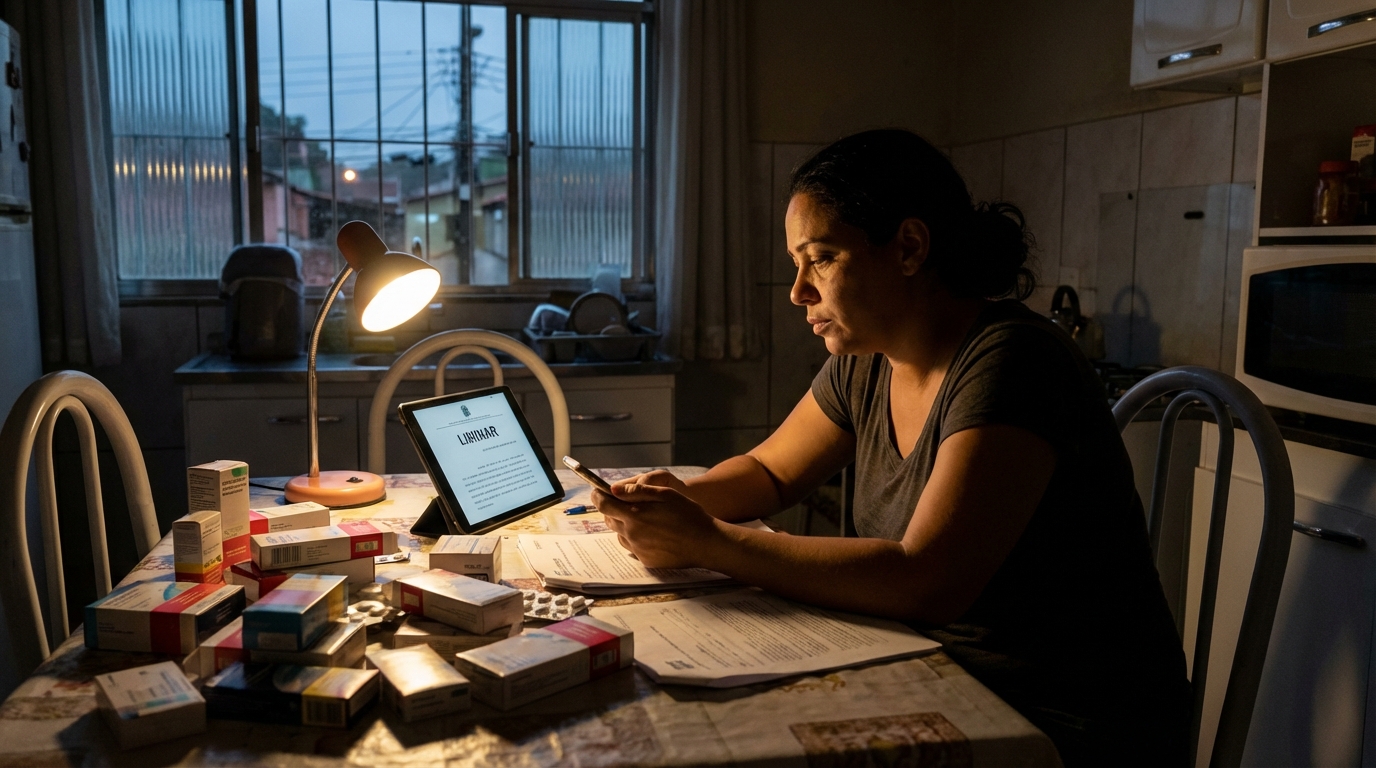 Mãe brasileira preocupada organizando caixas de remédios vazias em casa enquanto busca liminar para ciclosporina