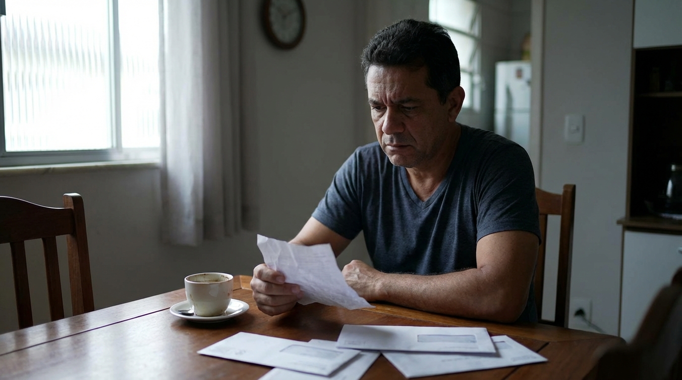 Homem brasileiro de meia idade com expressão de angústia lendo carta de negativa do plano de saúde na mesa da sala