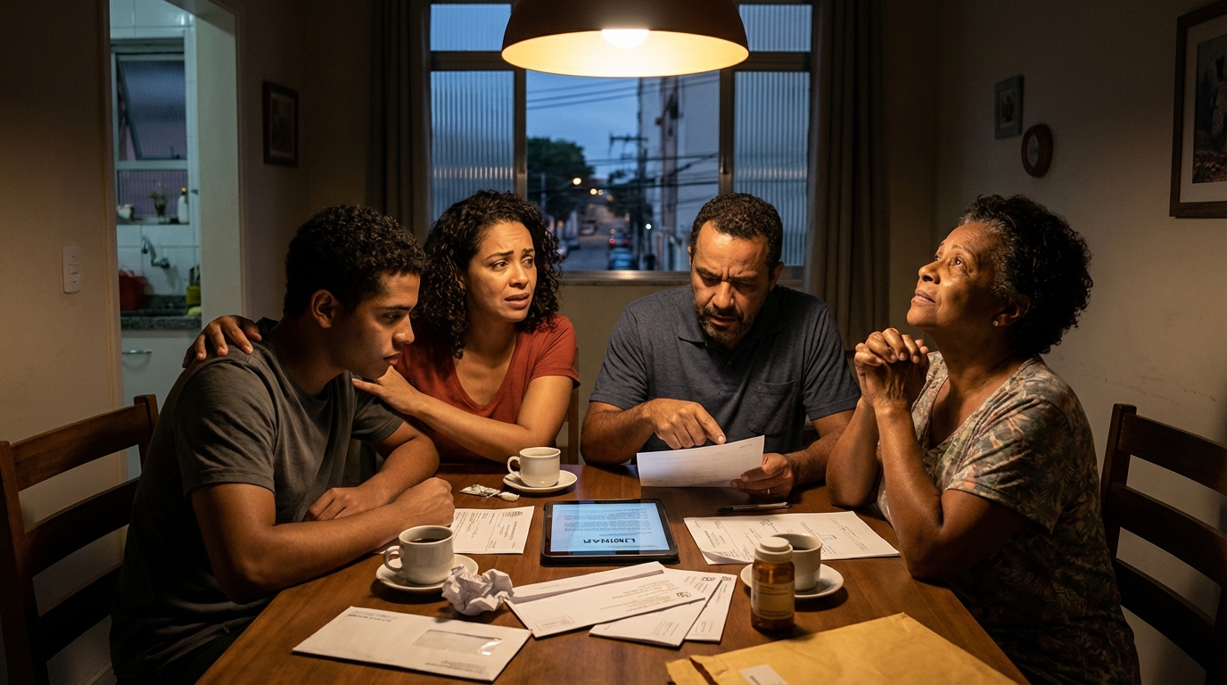 Família brasileira unida na sala de jantar revisando documentos médicos e prescrições com esperança de conseguir liminar