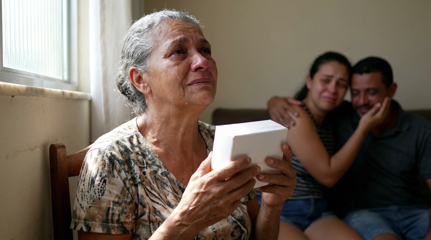 Mulher idosa brasileira com expressão de alívio segurando caixa de medicamento de alto custo após decisão judicial