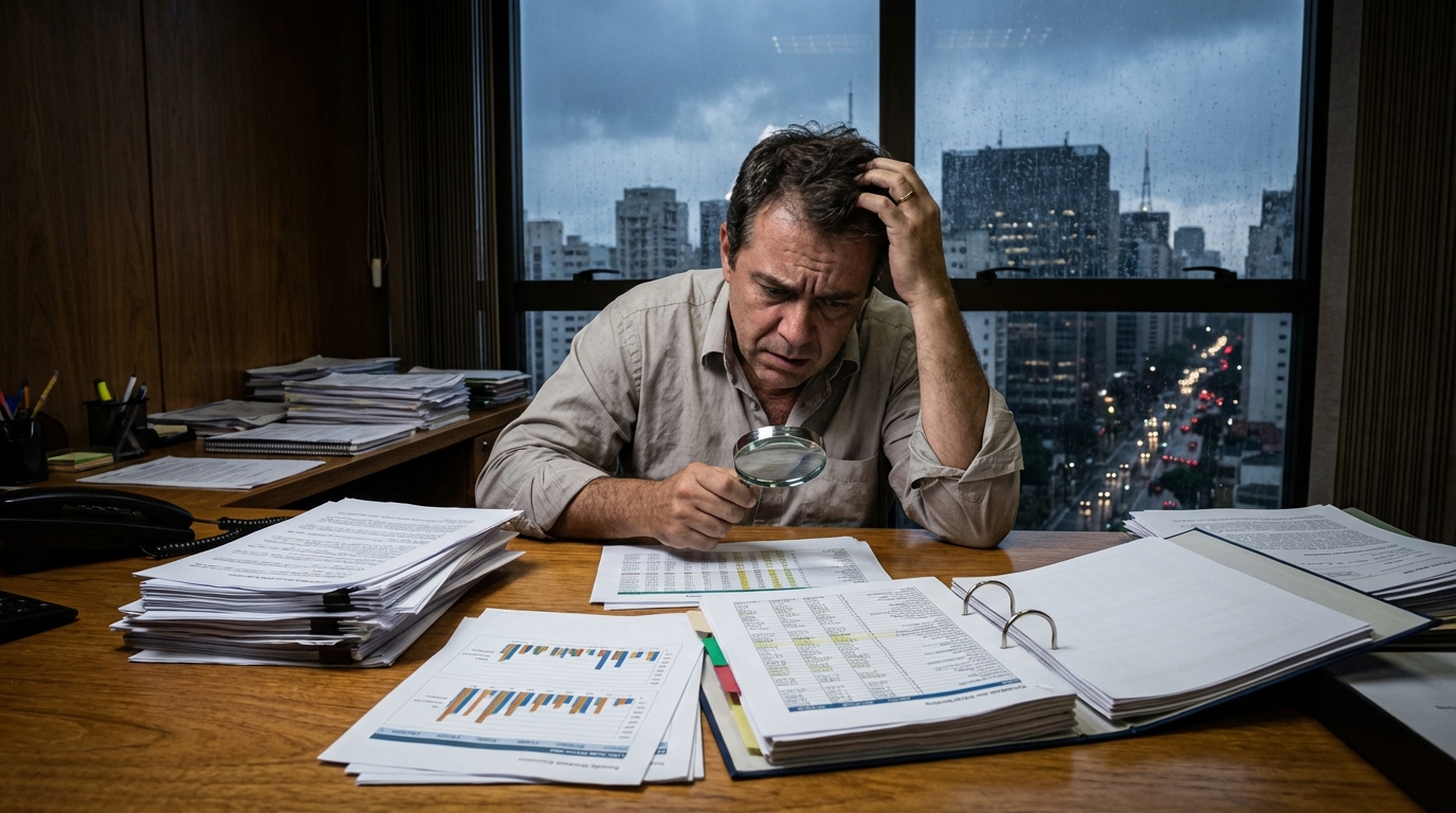 Empresário brasileiro tenso em seu escritório analisando extensos relatórios financeiros de Fusões e Aquisições