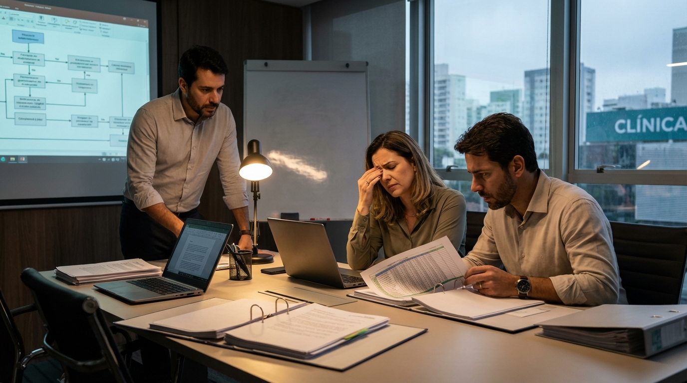Gestores de uma clínica de saúde brasileira reunidos com expressões de preocupação durante uma auditoria fiscal profunda