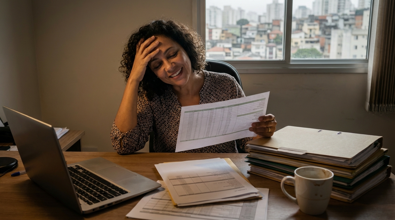 Mulher empreendedora brasileira sorrindo aliviada ao revisar o balanço positivo de sua empresa após Planejamento Tributário