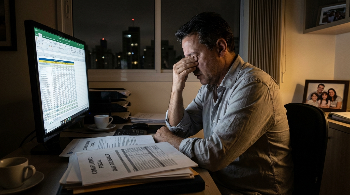 Diretor financeiro brasileiro exausto em frente ao computador tarde da noite organizando documentos de Compliance Fiscal
