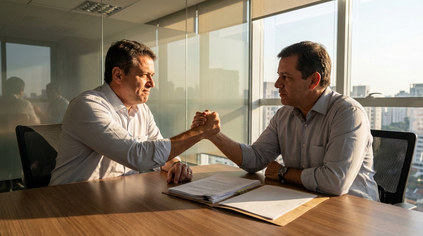 Sócios de uma média empresa brasileira apertando as mãos em uma sala de reuniões moderna após fecharem um grande negócio