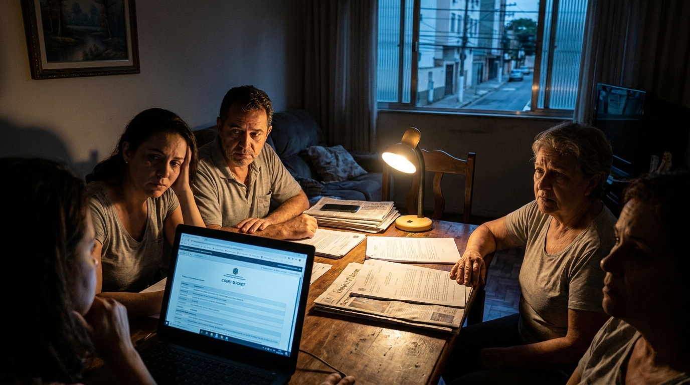 Família brasileira angustiada na sala de casa durante a madrugada revisando documentos com expressões de desespero - audiência de custódia