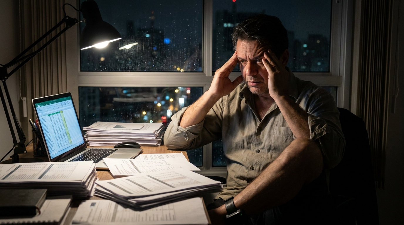 Empresário brasileiro tenso em seu escritório revisando balanços financeiros de madrugada com as mãos na cabeça - prisão preventiva