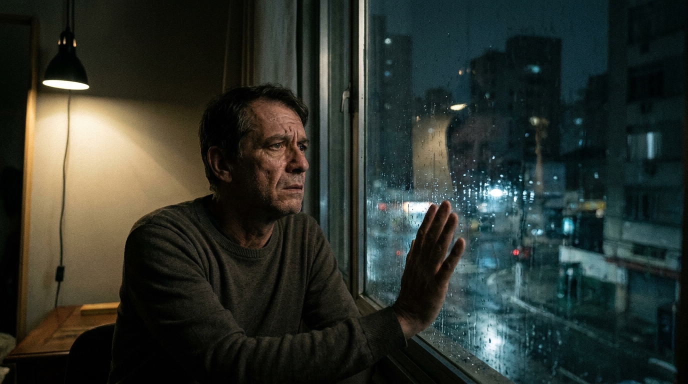 Homem brasileiro de meia idade olhando preocupado e pensativo pela janela do apartamento durante a noite - artigo 312 CPP