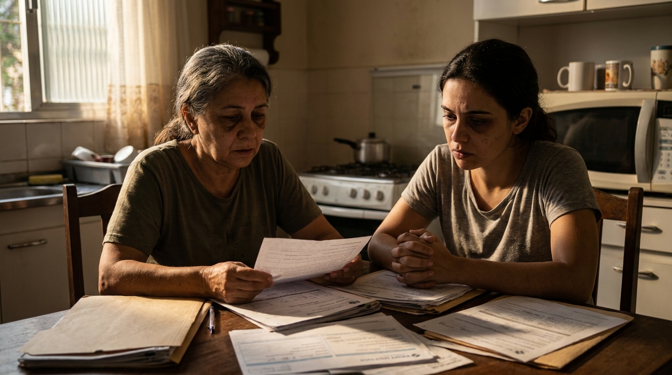 Mulher e idosa brasileiras sentadas à mesa da cozinha organizando pastas de documentos médicos e financeiros com olhar preocupado - advogado criminalista SP
