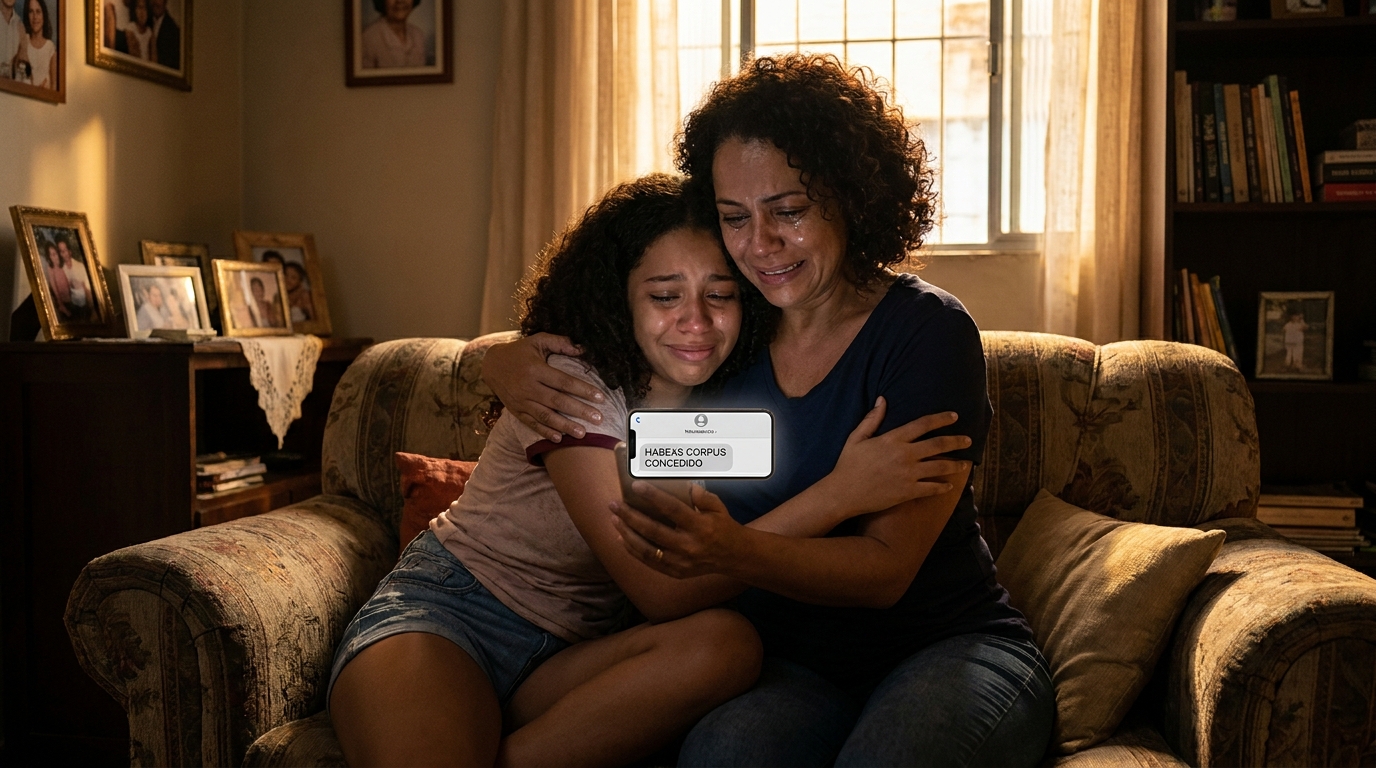 Mãe e filha adolescentes brasileiras abraçadas no sofá de casa com expressões de profundo alívio e esperança lendo uma mensagem no celular - habeas corpus