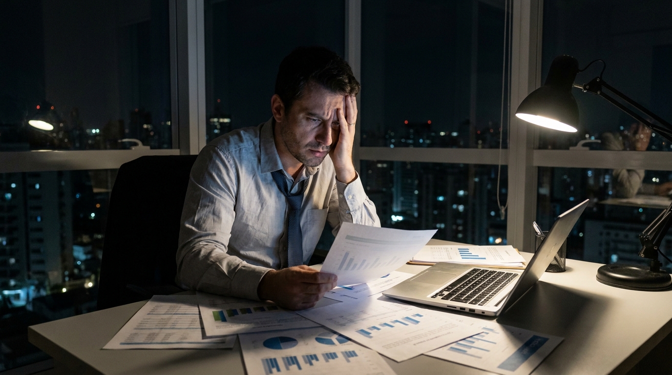 Empresário brasileiro preocupado em escritório analisando documentos financeiros até tarde da noite com expressão de ansiedade