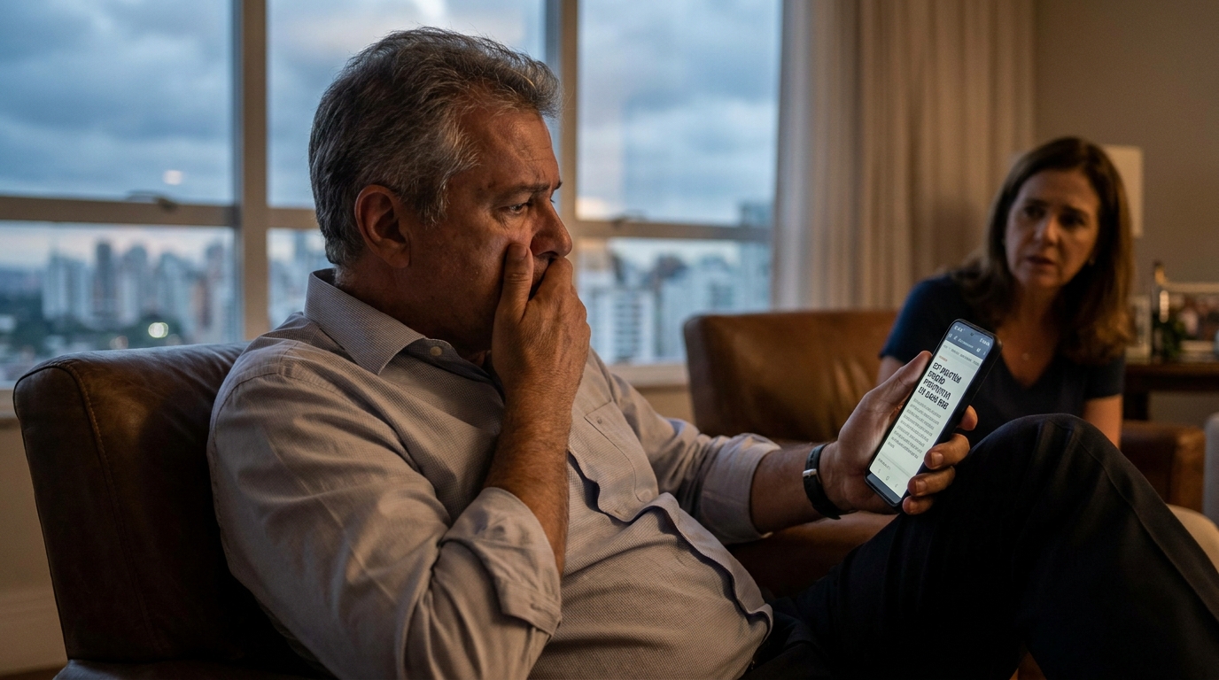 Executivo brasileiro maduro sentado em poltrona de casa segurando celular com expressão de choque ao ler notícias sobre prisão preventiva STF