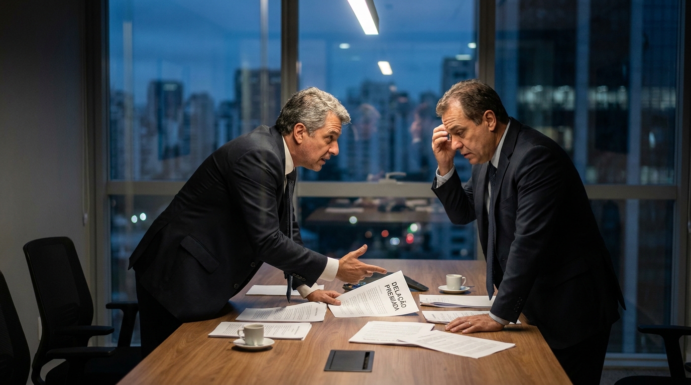 Dois sócios brasileiros em sala de reunião corporativa discutindo intensamente sobre delação premiada e crimes financeiros