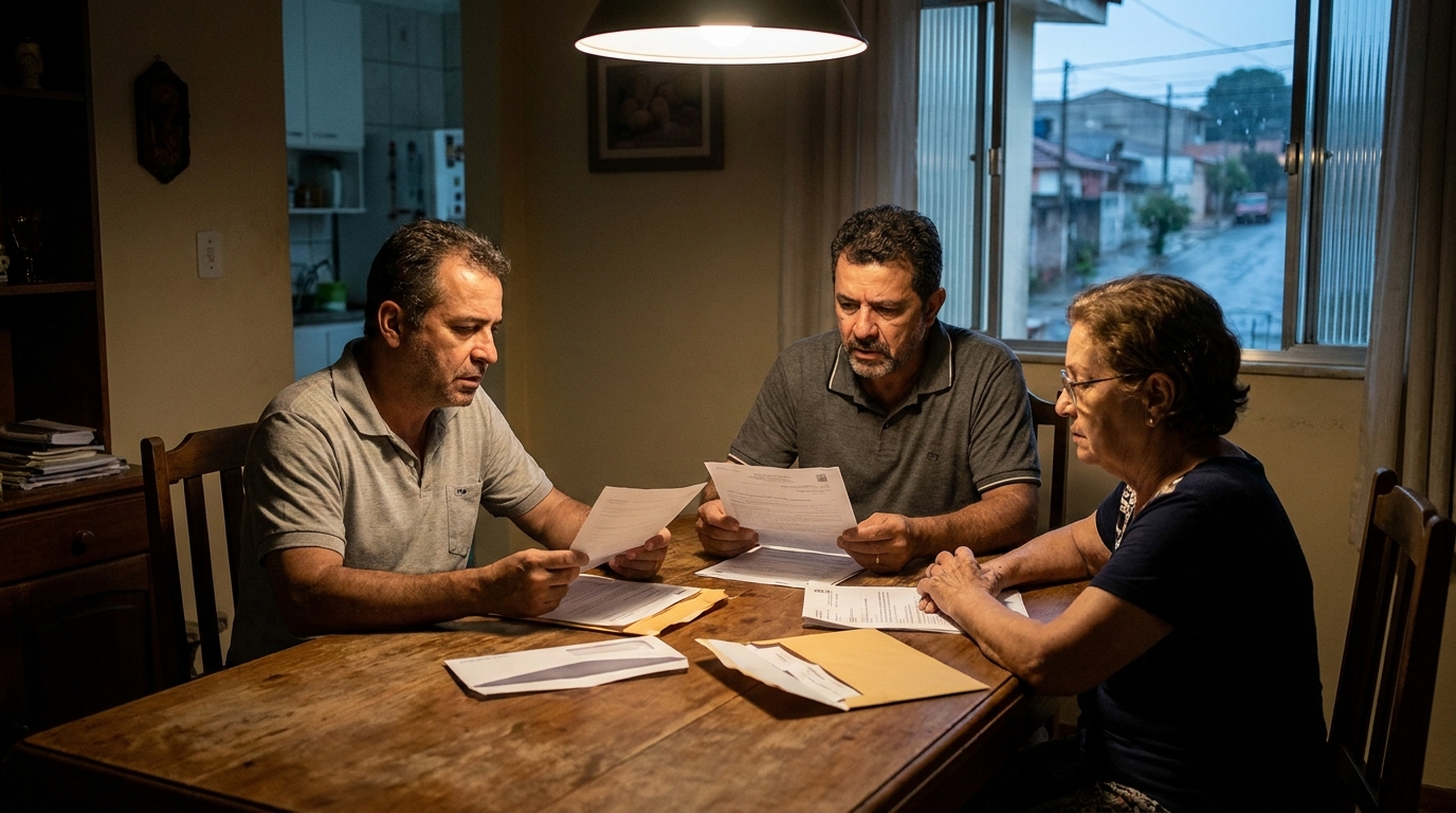 Família brasileira apreensiva na sala de jantar revisando notificações oficiais com semblante de preocupação e incerteza