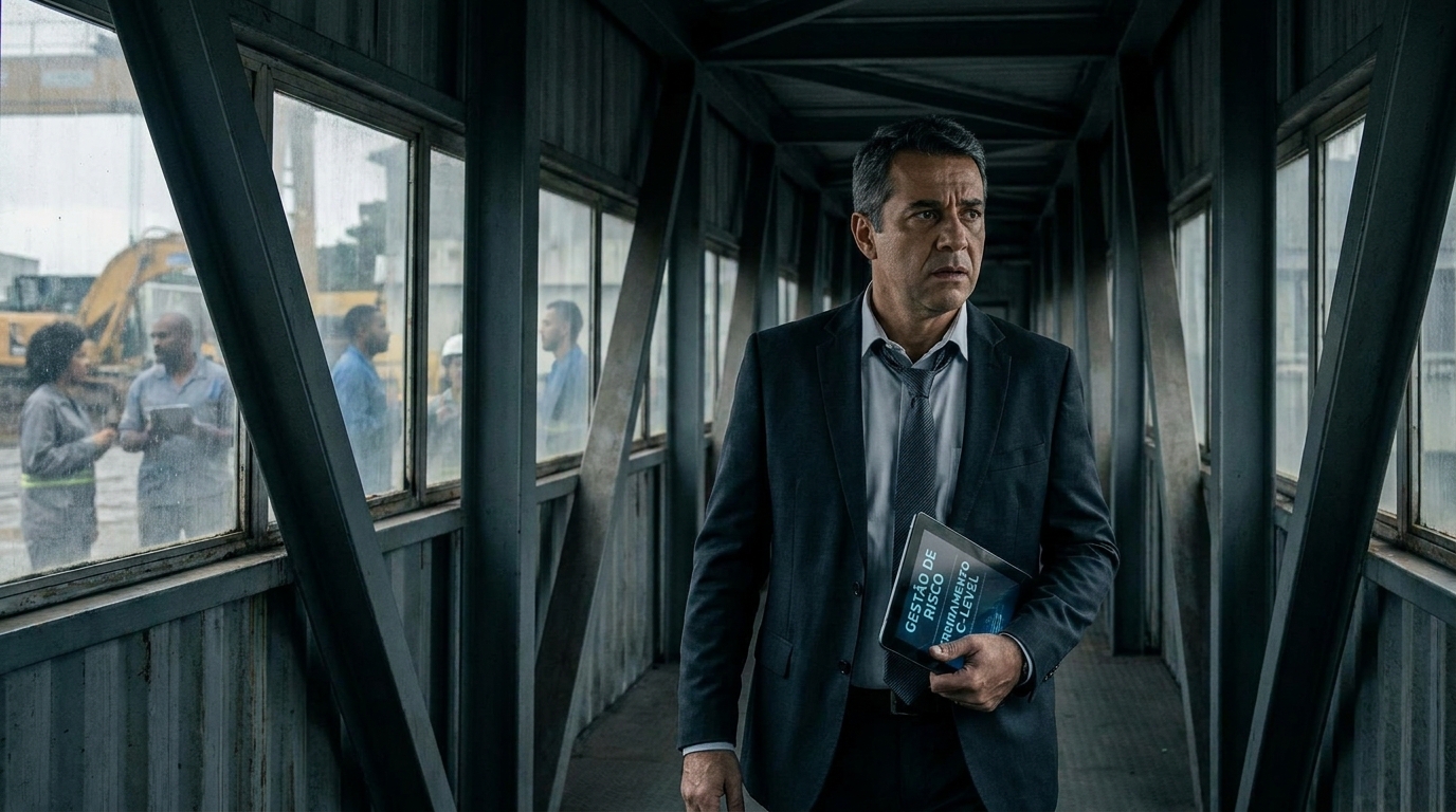 Diretor de empresa brasileiro caminhando por corredor industrial com tablet demonstrando preocupação com compliance e direito penal econômico