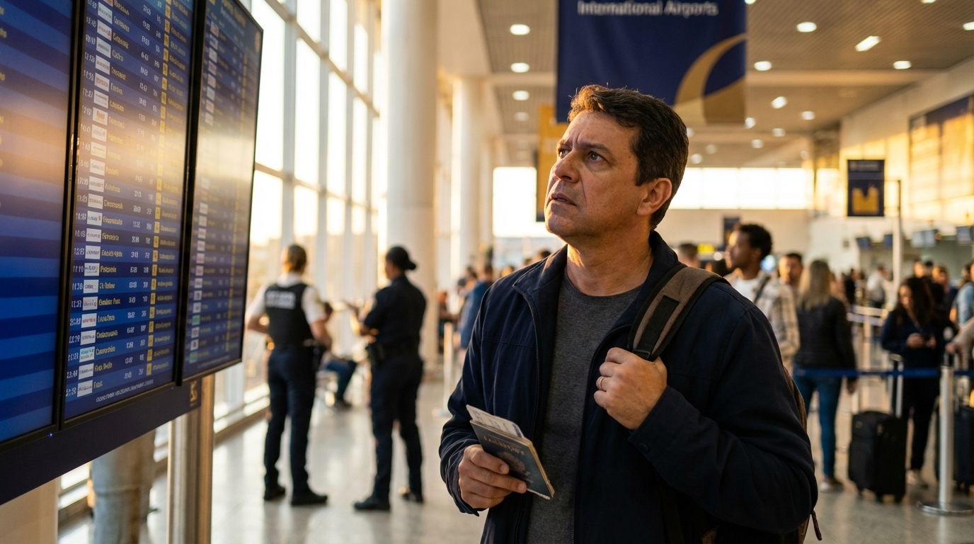 Cidadão brasileiro preocupado em aeroporto olhando para painel de voos com passaporte na mão - risco de fuga e medidas cautelares