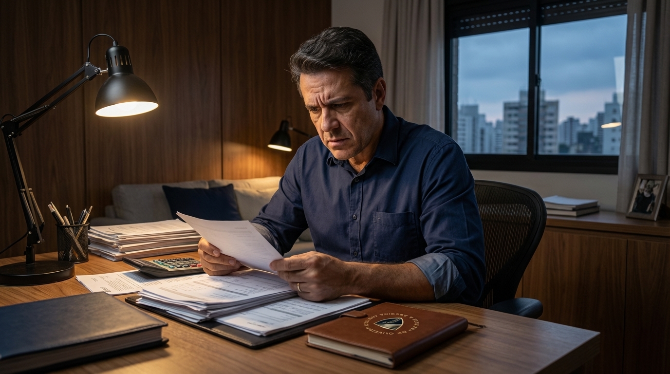 Empresário brasileiro de meia idade em escritório analisando documentos fiscais com semblante de preocupação - crimes tributários e defesa