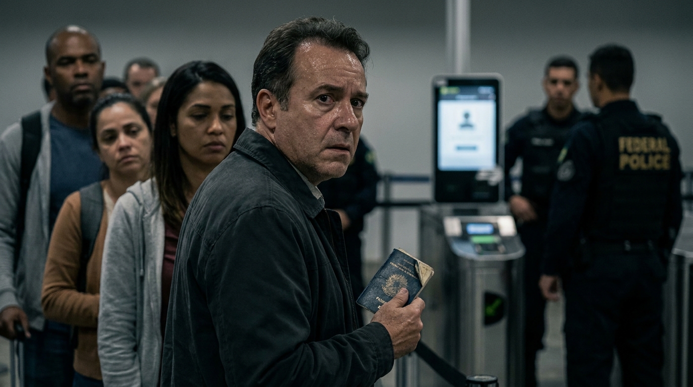 Homem estrangeiro com expressão de pânico e suor no rosto segurando passaporte enquanto aguarda na fila de fiscalização de aeroporto brasileiro