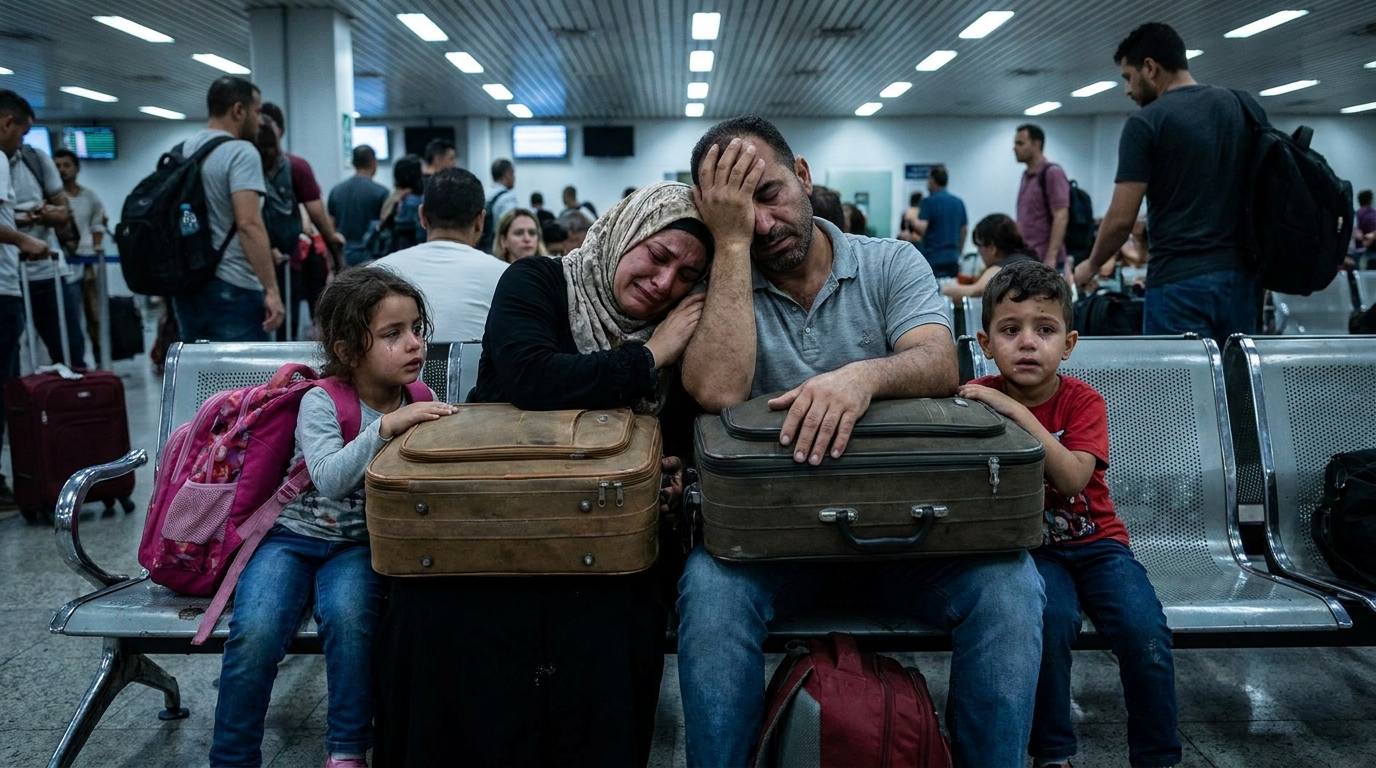 Família de imigrantes abraçada com expressão de profunda angústia e lágrimas nos olhos sentada em sala de espera com malas