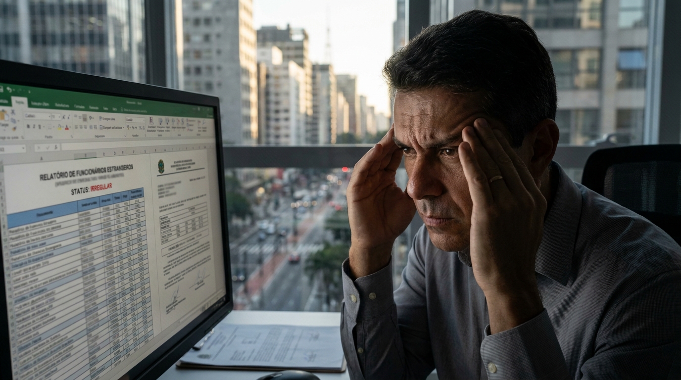 Executivo de RH visivelmente preocupado e estressado analisando tela de computador com dados de funcionários estrangeiros em seu escritório em São Paulo