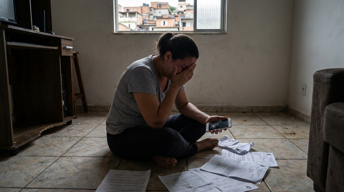 Mulher estrangeira em prantos sentada no chão de um apartamento modesto no Brasil segurando papéis amassados e um celular