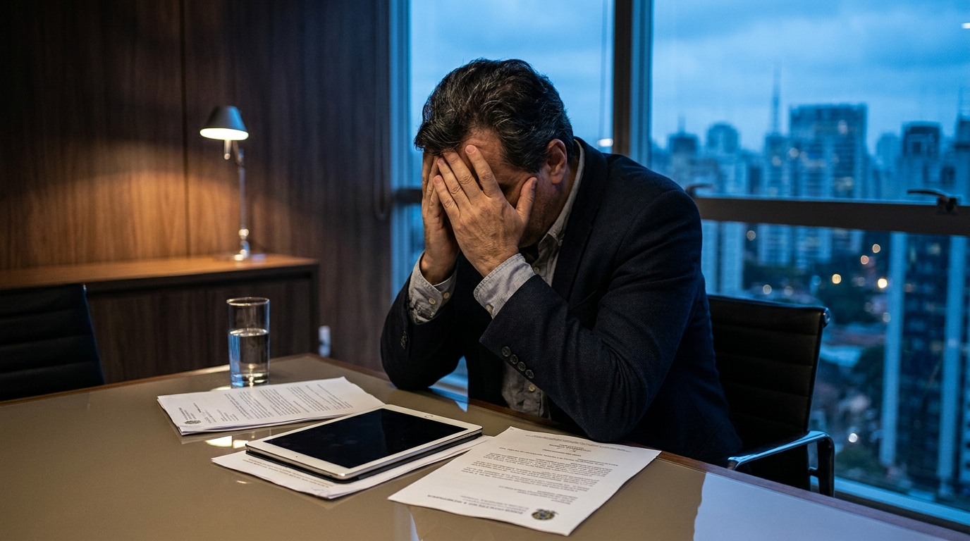 Diretor de empresa multinacional brasileira em sala de reunião escura com as mãos cobrindo o rosto em sinal de desespero analisando notificação judicial