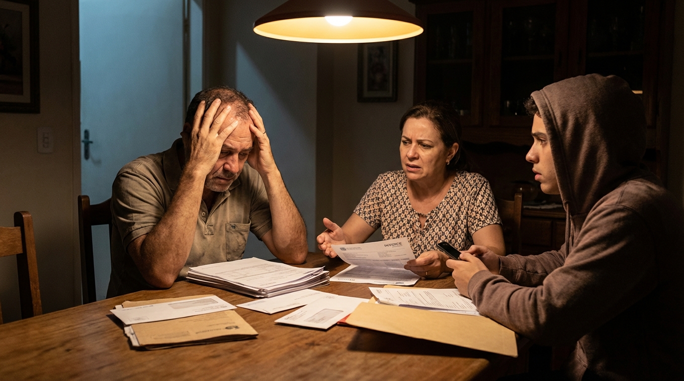 Família brasileira preocupada revisando documentos médicos e faturas de plano de saúde na mesa de jantar com expressão de angústia perante negativa de cobertura