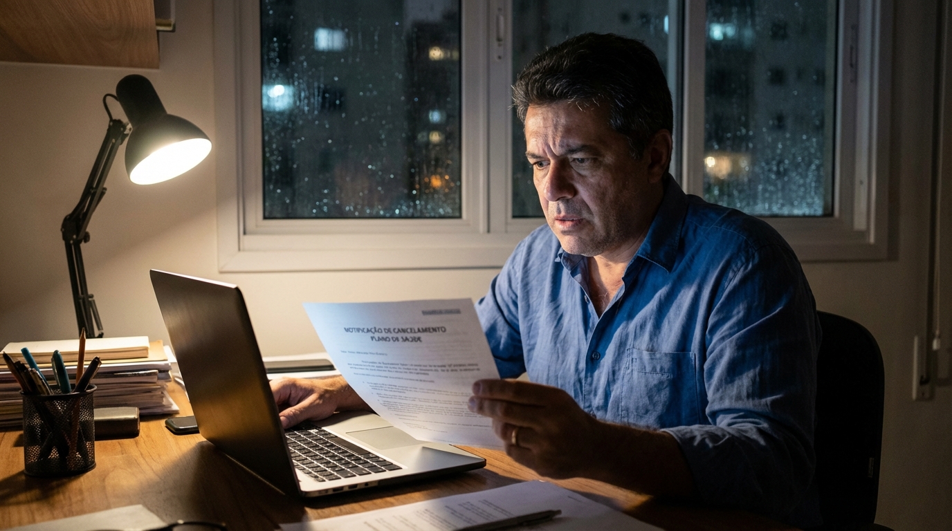 Empresário brasileiro em seu escritório analisando uma notificação de cancelamento de plano de saúde com expressão de choque e preocupação