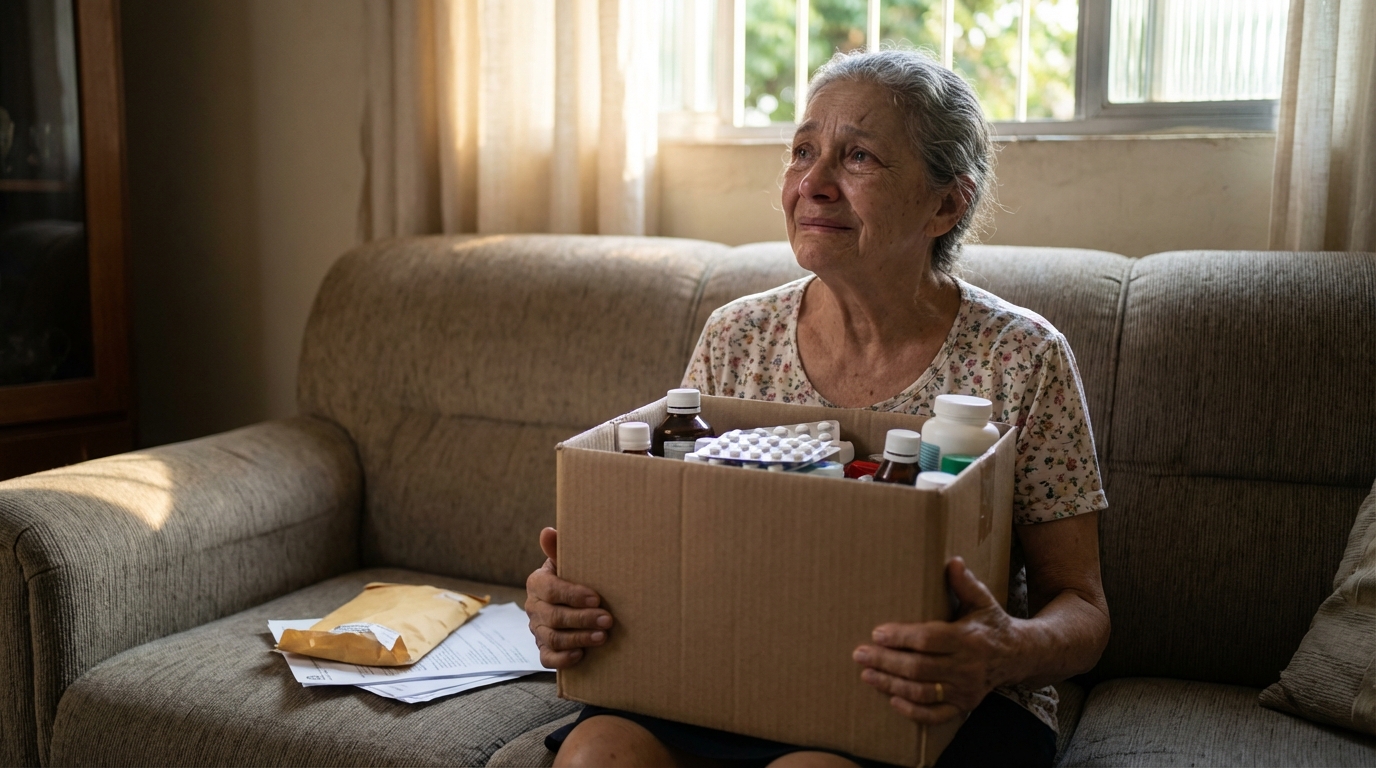 Mulher brasileira idosa segurando caixa de medicamentos de alto custo sentada no sofá de casa com expressão de alívio e esperança