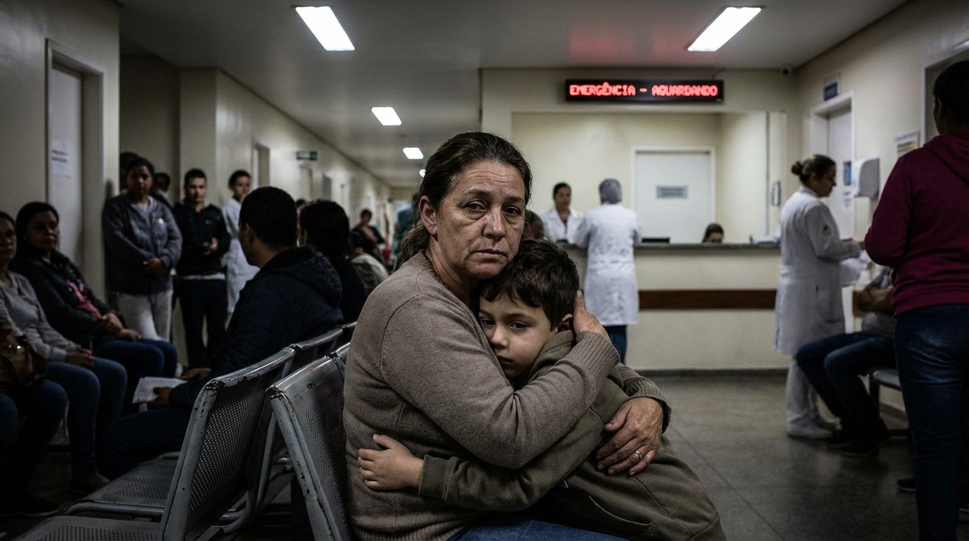 Mãe brasileira abraçando seu filho no corredor de um hospital aguardando liberação de cirurgia com rosto cansado mas esperançoso