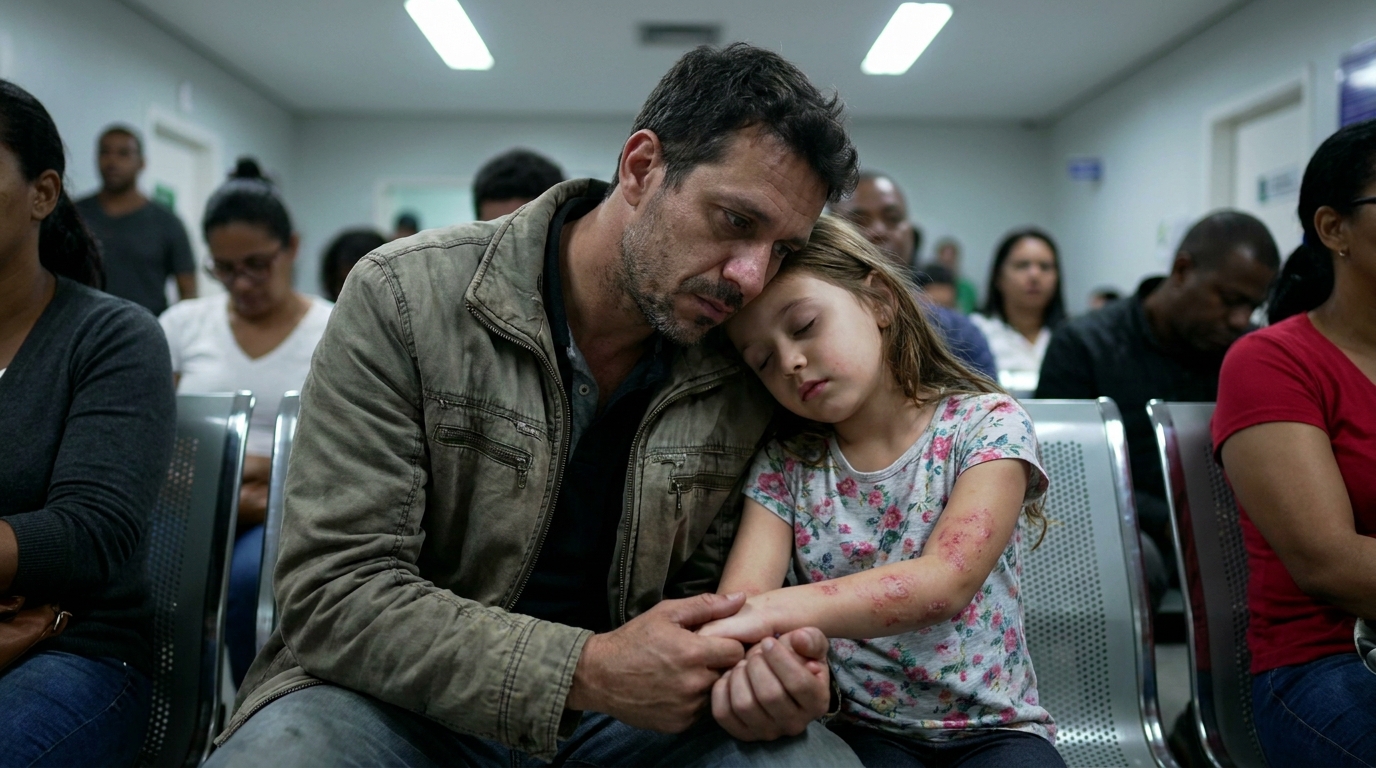 Pai de família brasileiro no hospital aguardando atendimento médico segurando a mão da filha pequena que apresenta manchas vermelhas no braço - risco à saúde consumidor