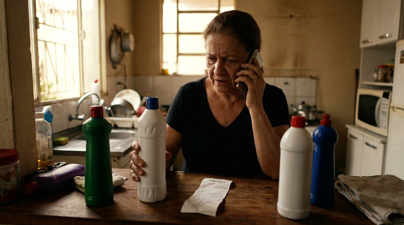 Mulher brasileira idosa ligando pelo celular para o serviço de atendimento ao cliente com diversos frascos de produtos de limpeza na bancada da cozinha - direito sanitário