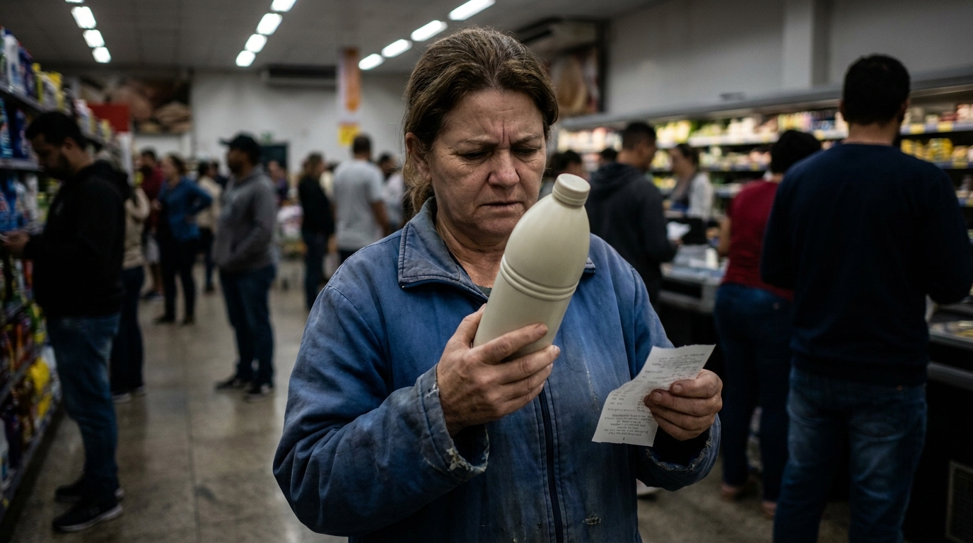 Trabalhadora autônoma brasileira em um corredor de supermercado lendo atentamente o rótulo de um frasco de detergente novo - recall Anvisa
