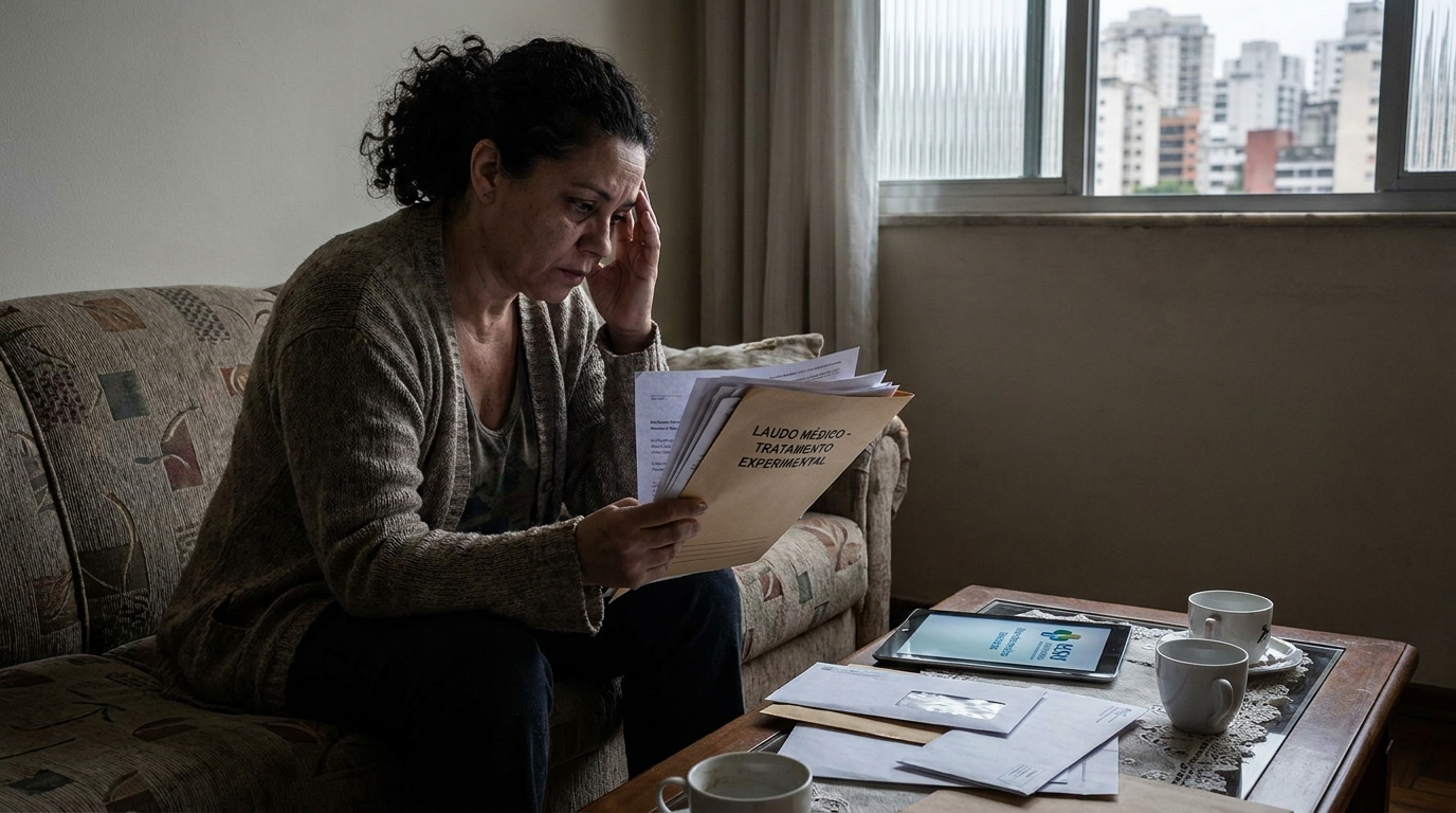 Mulher brasileira com expressão de angústia e cansaço sentada no sofá de casa segurando exames médicos e laudos psiquiátricos de tratamento experimental plano de saúde