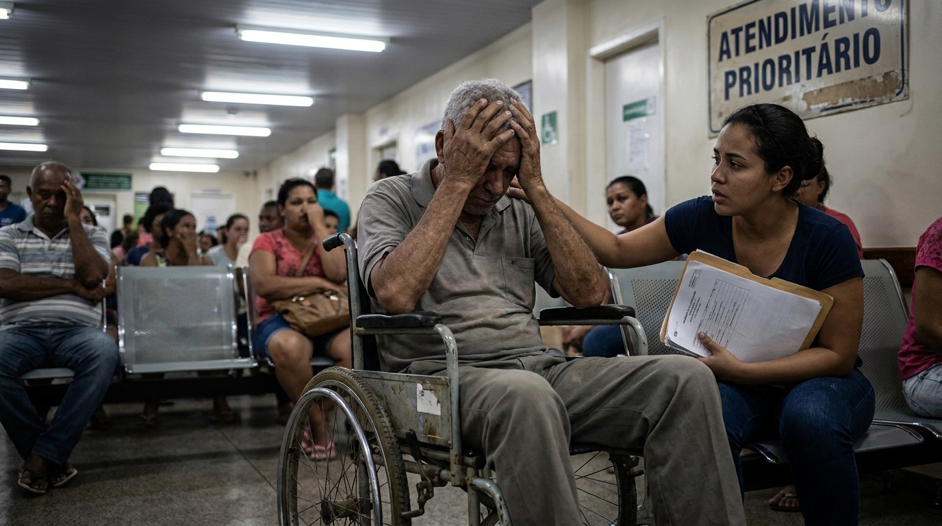 Idoso brasileiro em cadeira de rodas na sala de espera de um posto público de saúde demonstrando cansaço ao buscar direito a medicamentos importados SUS