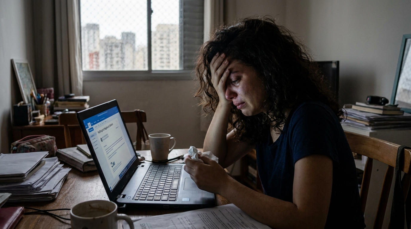 Mulher brasileira jovem em ambiente doméstico chorando frustrada ao olhar a tela do notebook após receber e-mail com negativa de cobertura ANS