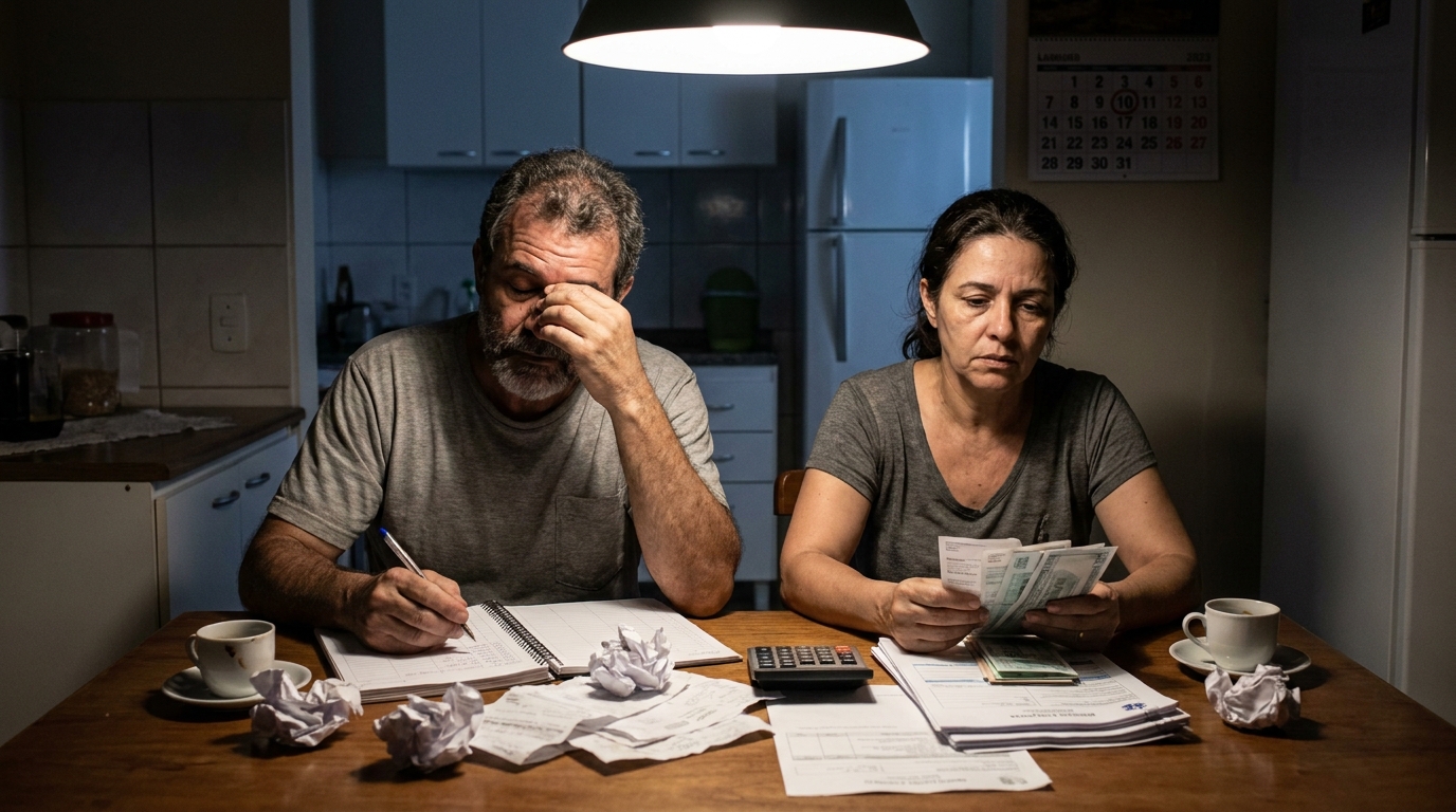 Casal brasileiro de meia idade sentado na mesa da cozinha à noite com expressão de exaustão fazendo contas em cadernos para tentar pagar liminar para medicamento alto custo