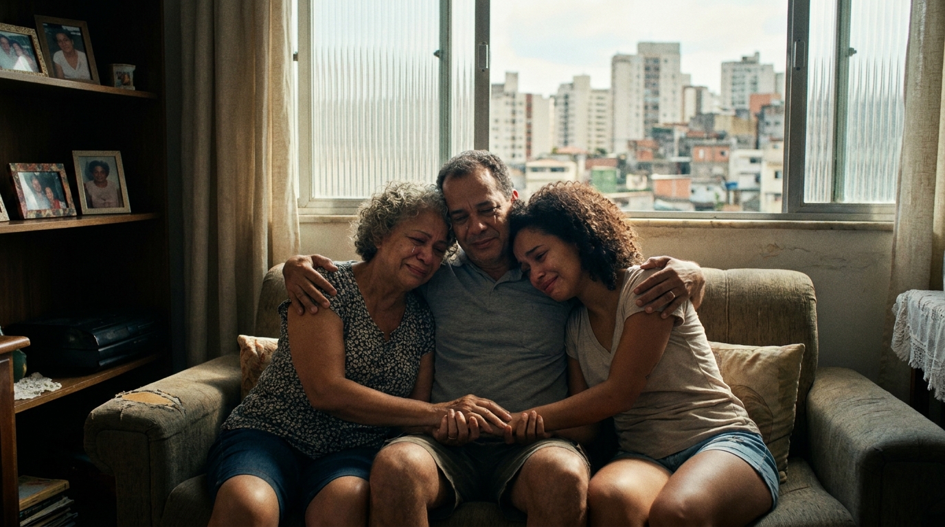 Família brasileira abraçada sorrindo levemente em ambiente iluminado demonstrando esperança e alívio após conseguir acesso a terapia de saúde mental