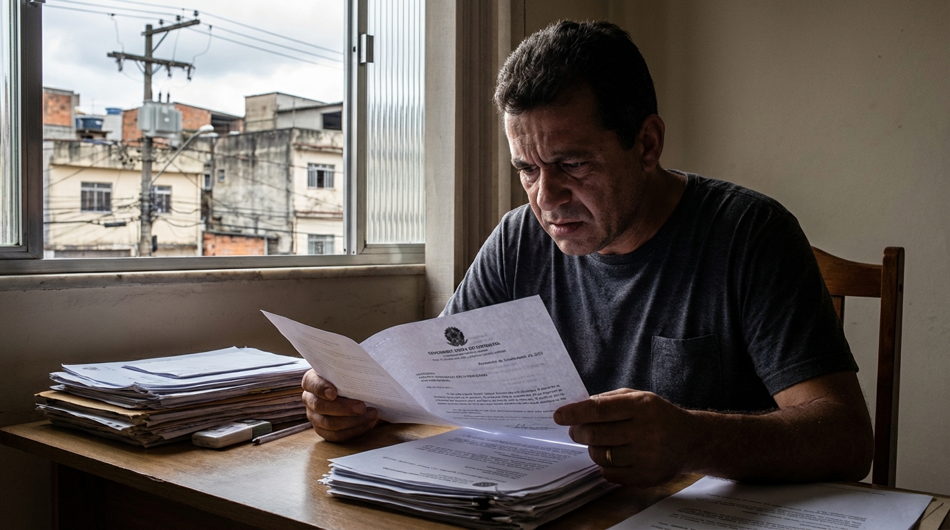 Empresário brasileiro de meia-idade, com expressão de preocupação, analisando uma notificação oficial em seu escritório - Investigação Criminal