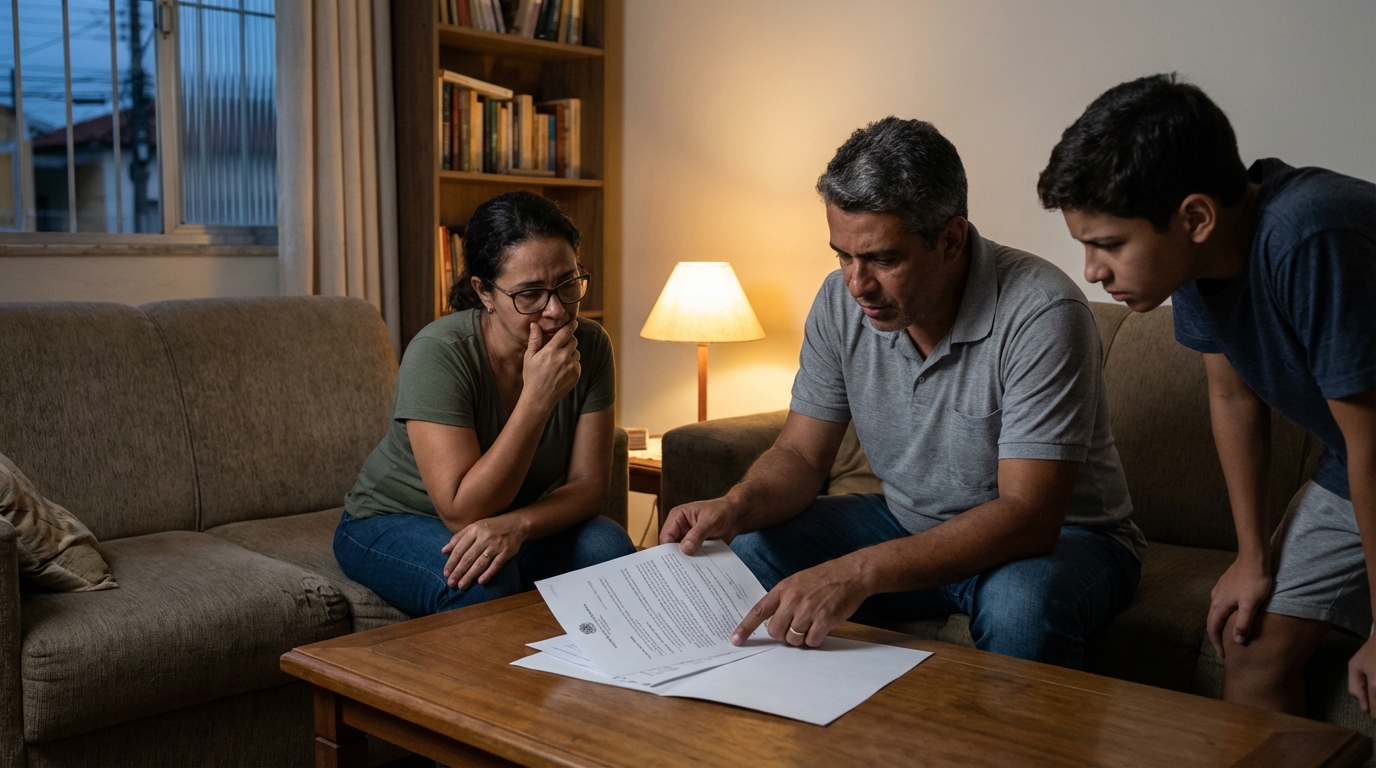 Família brasileira em sua sala de estar, lendo apreensiva um documento legal, com luz suave refletindo tensão - Defesa Criminal SP