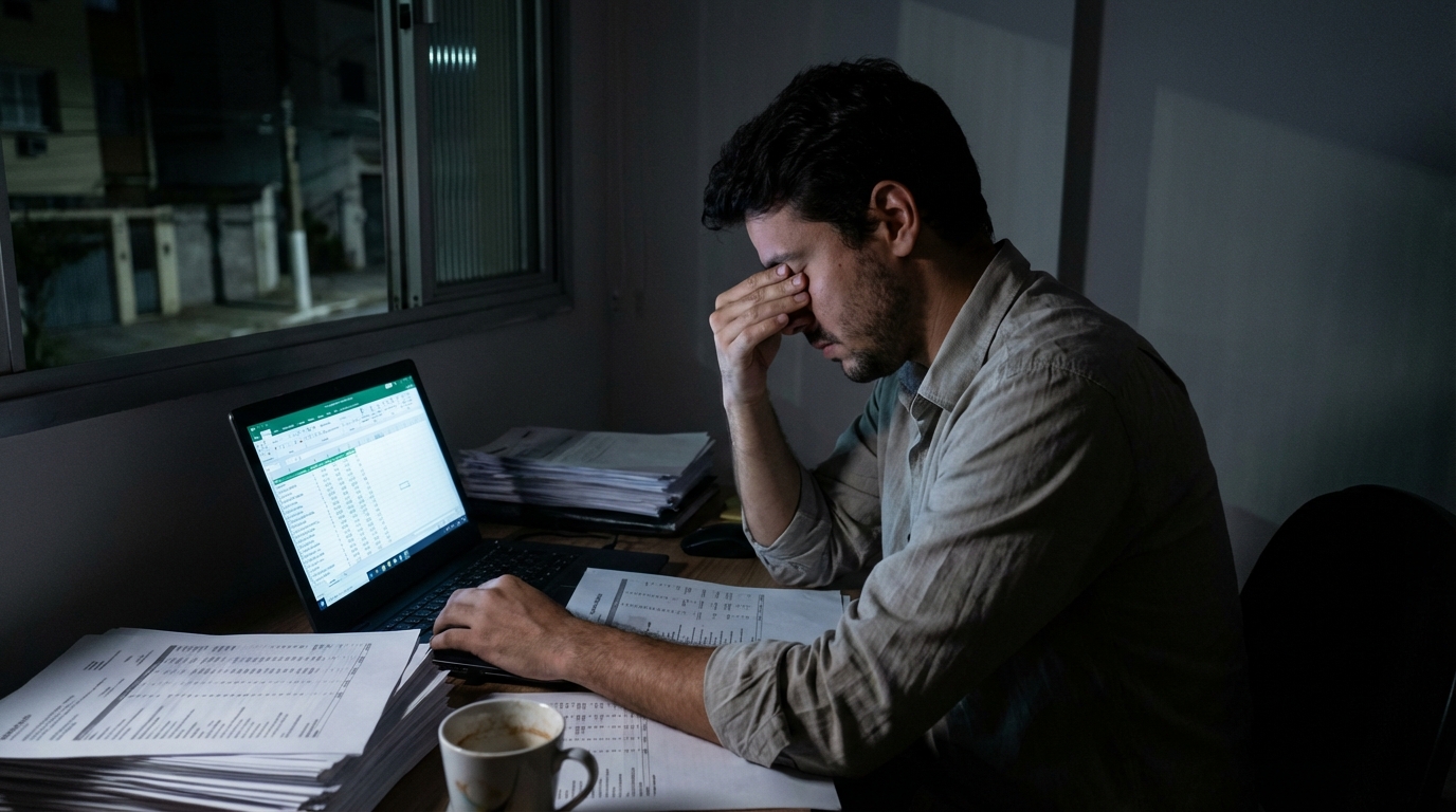 Jovem empreendedor brasileiro em frente ao computador tarde da noite, demonstrando cansaço enquanto revisa relatórios financeiros - Advocacia Criminal