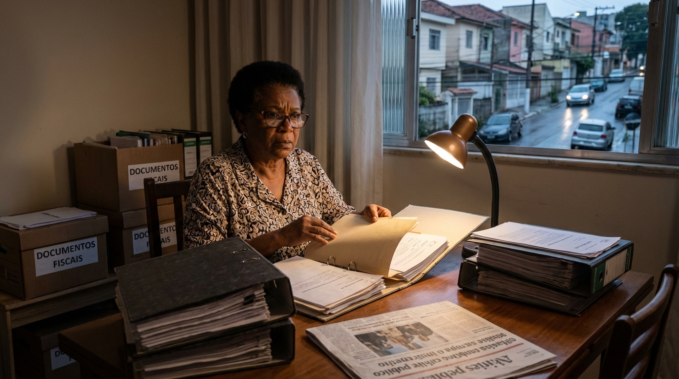 Cidadã brasileira negra, dona de pequeno negócio, organizando pastas de documentos fiscais com semblante sério - Ministério Público de SP