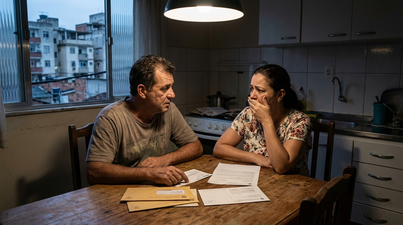 Trabalhador brasileiro e sua esposa sentados à mesa da cozinha, discutindo ansiosamente sobre cartas de cobrança e notificações oficiais - Justiça Criminal